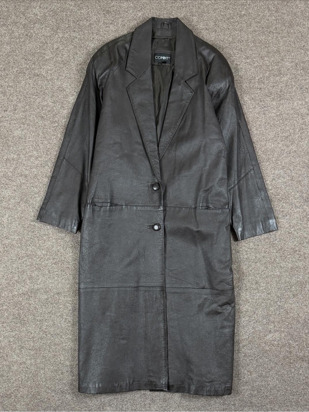 Vintage Comint Brown Genuine Leather Long Trench Coat Women’s L Notched Lapel